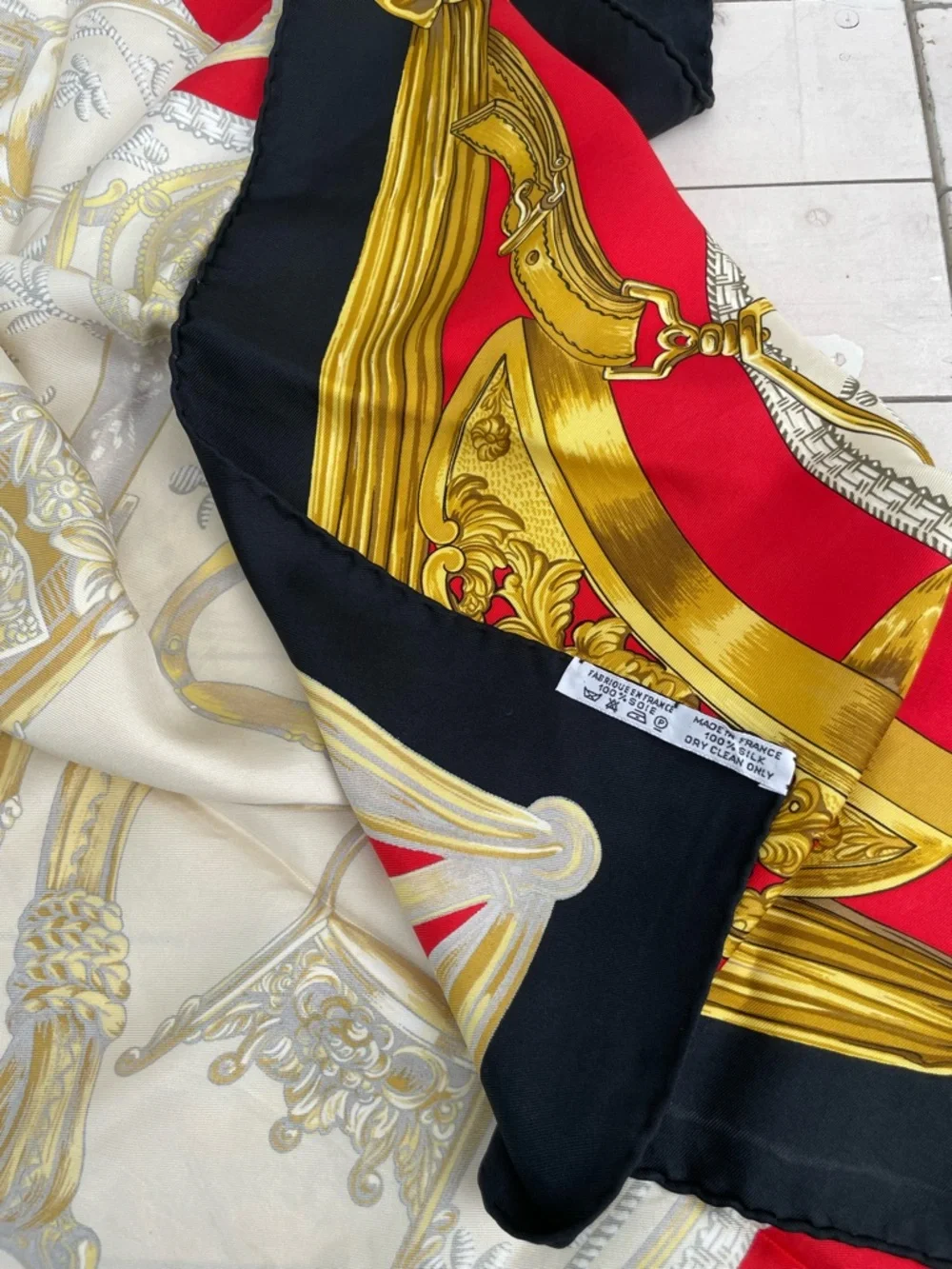 Hermes Red Black Cream Silk Scarf with Gold Equestrian Motifs - Picture 13 of 13